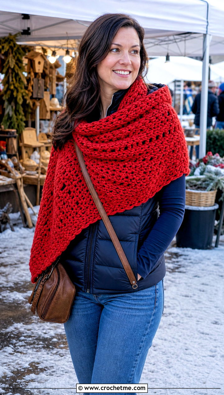 Chunky Wool Crochet Semi Circle Shawl With Puffer Vest - 25 Crochet Semi Circle Shawl outfit ideas
