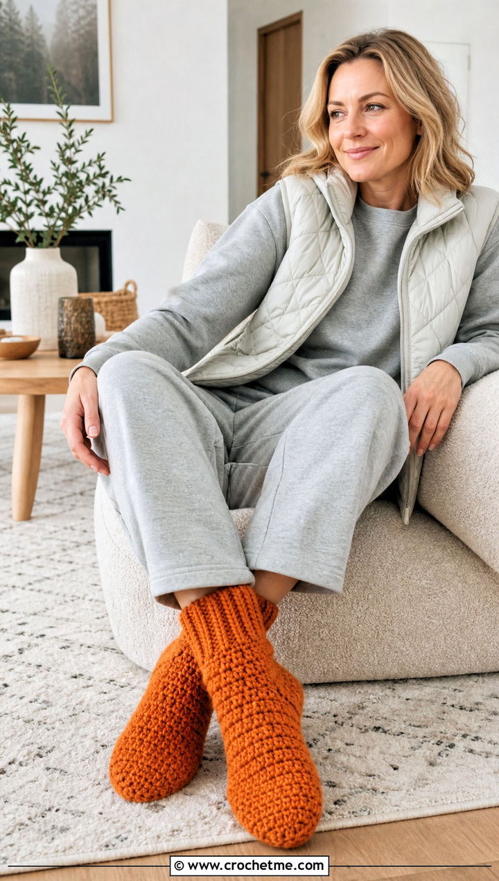 Chunky Wool Crochet Slipper Socks With Lounge Set - 20 Wool Crochet Sock outfit ideas