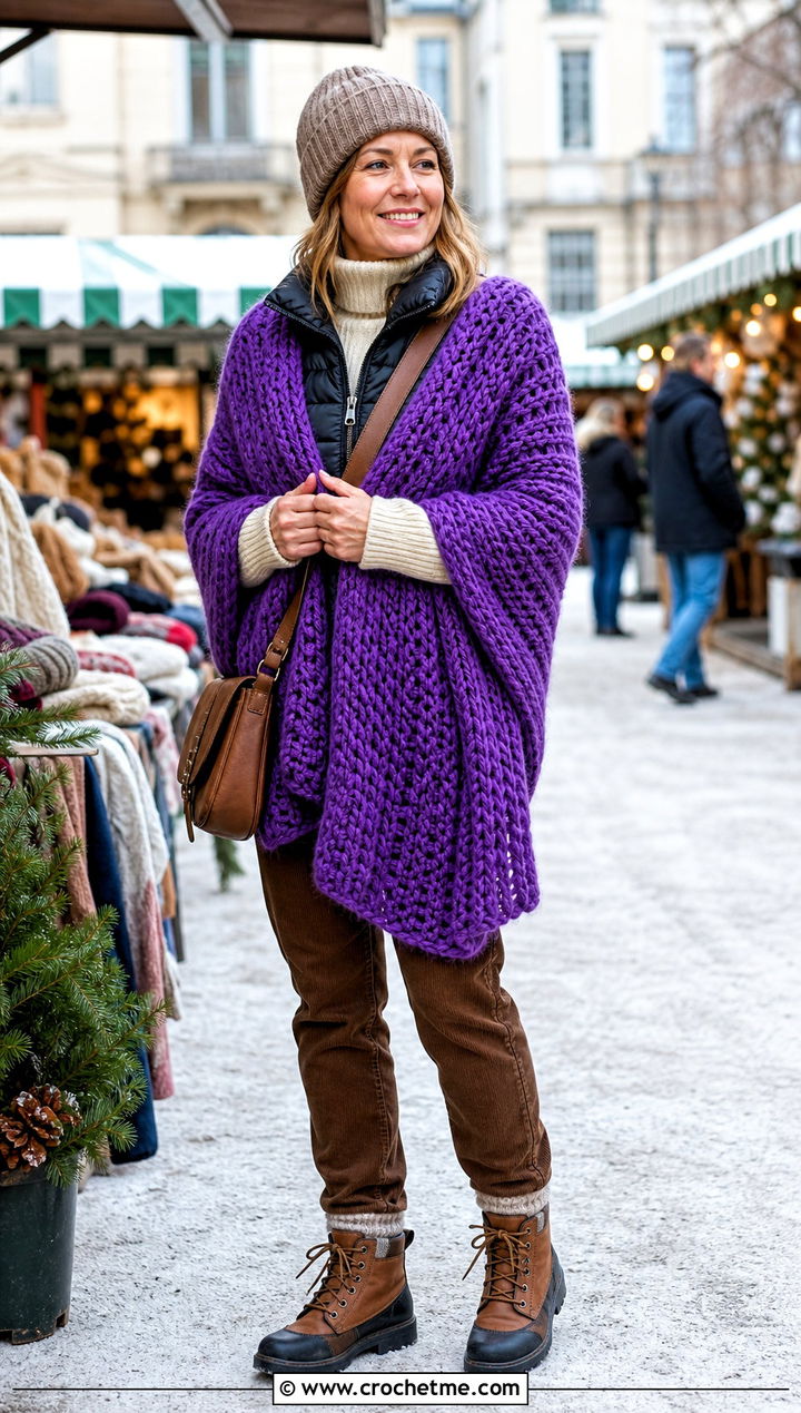 Chunky Wool Crochet Wrap With Puffer Vest - 30 crochet shawl wraps outfit ideas