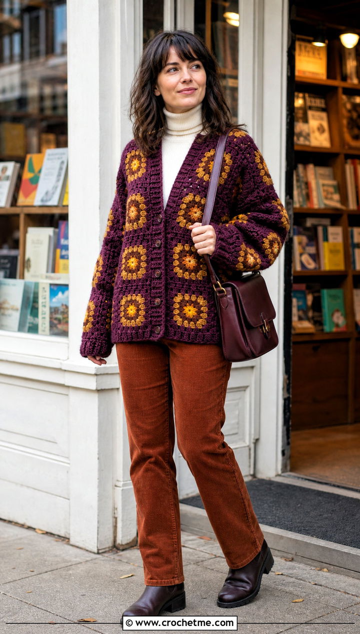 Chunky Wool Granny Square Cardigan With Corduroy Pants - 25 Two Granny Square Cardigan outfit ideas