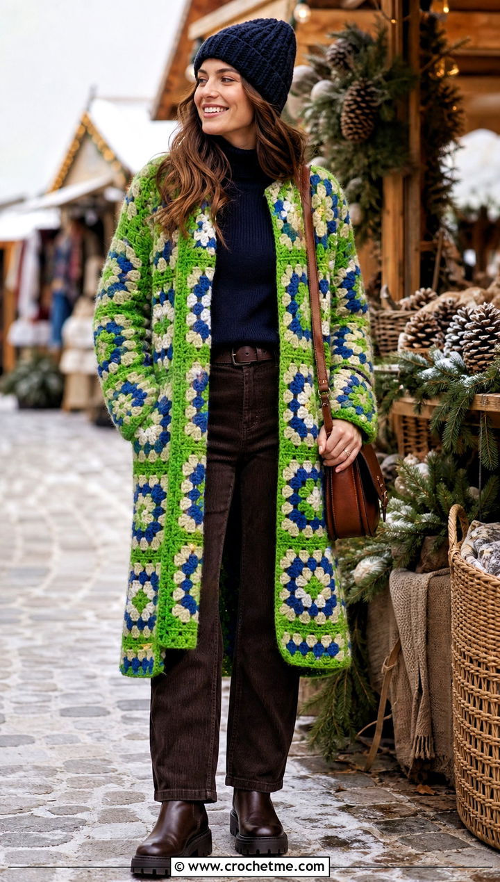 Chunky Wool Granny Square Coat With Sweater And Corduroy Pants - 15 crochet granny square afghan style coat cardigan outfit ideas