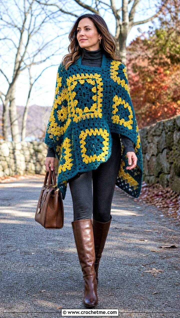 Chunky Wool Granny Square Poncho With Riding Boots - 35 granny square poncho outfit ideas