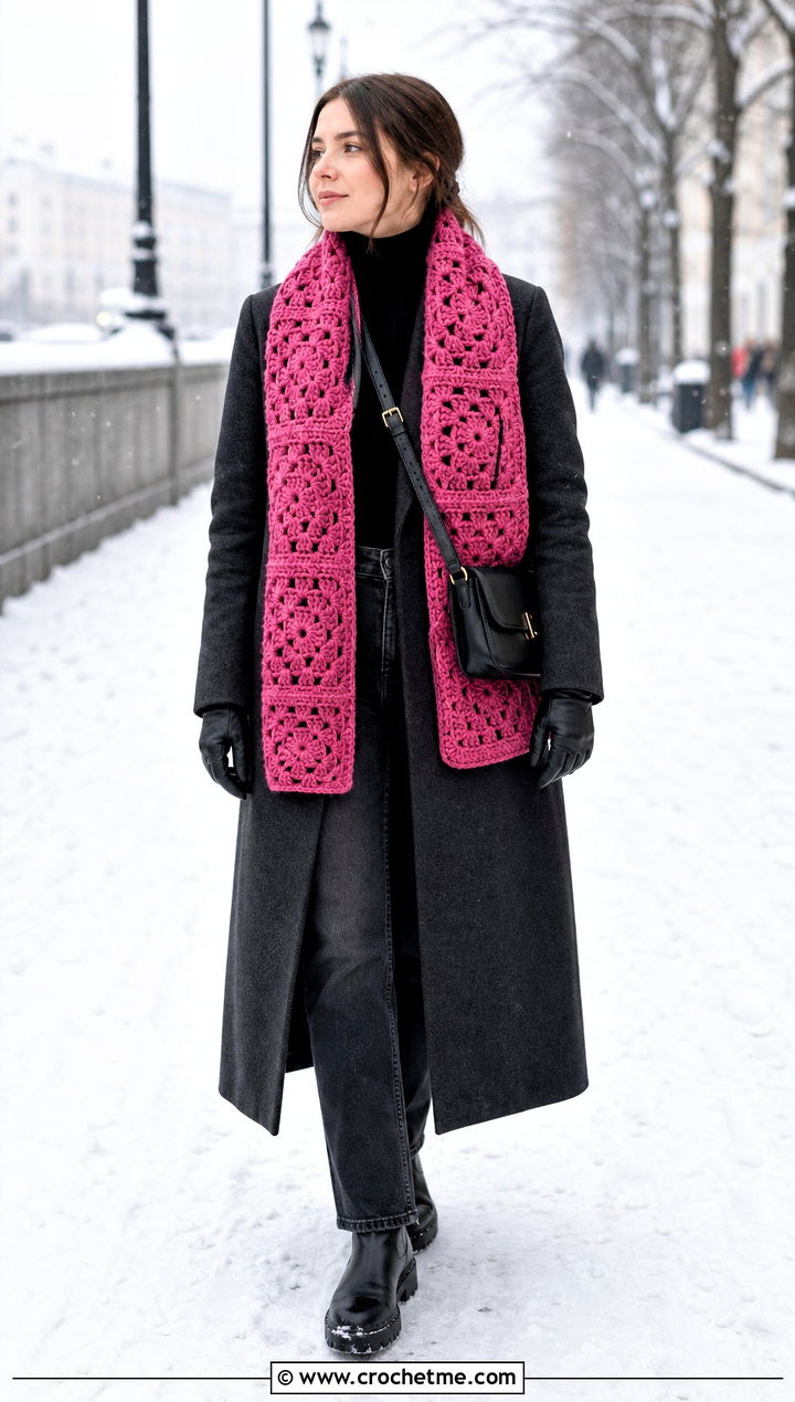 Chunky Wool Granny Square Scarf With Maxi Coat And Boots - 35 granny square crochet scarf outfit ideas