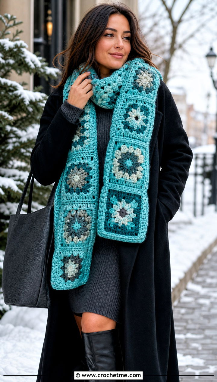 Chunky Wool Granny Square Scarf With Sweater Dress and Tall Boots - 25 granny square scarves outfit ideas