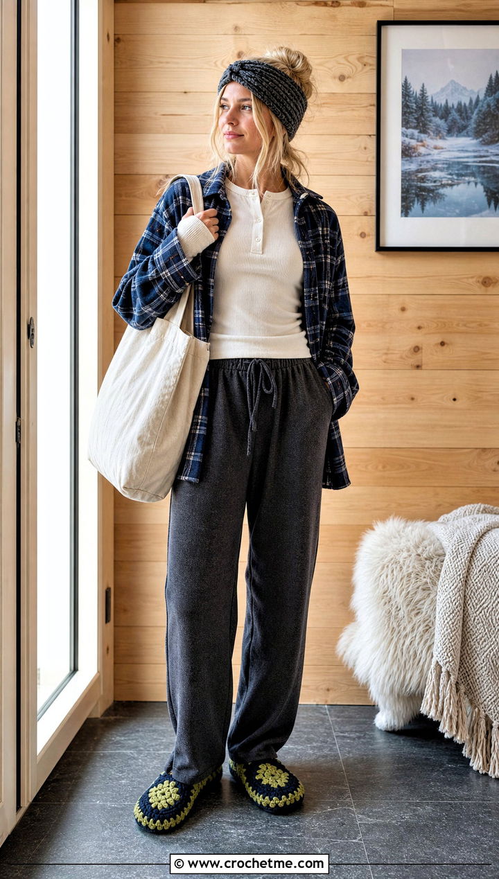 Chunky Wool Granny Square Slippers With Flannel Outfit - 35 granny square slippers outfit ideas