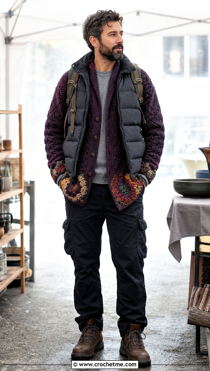 Chunky Wool Hexagon Crochet Cardigan With Puffer Vest - 35 men hexagon crochet cardigan outfit ideas