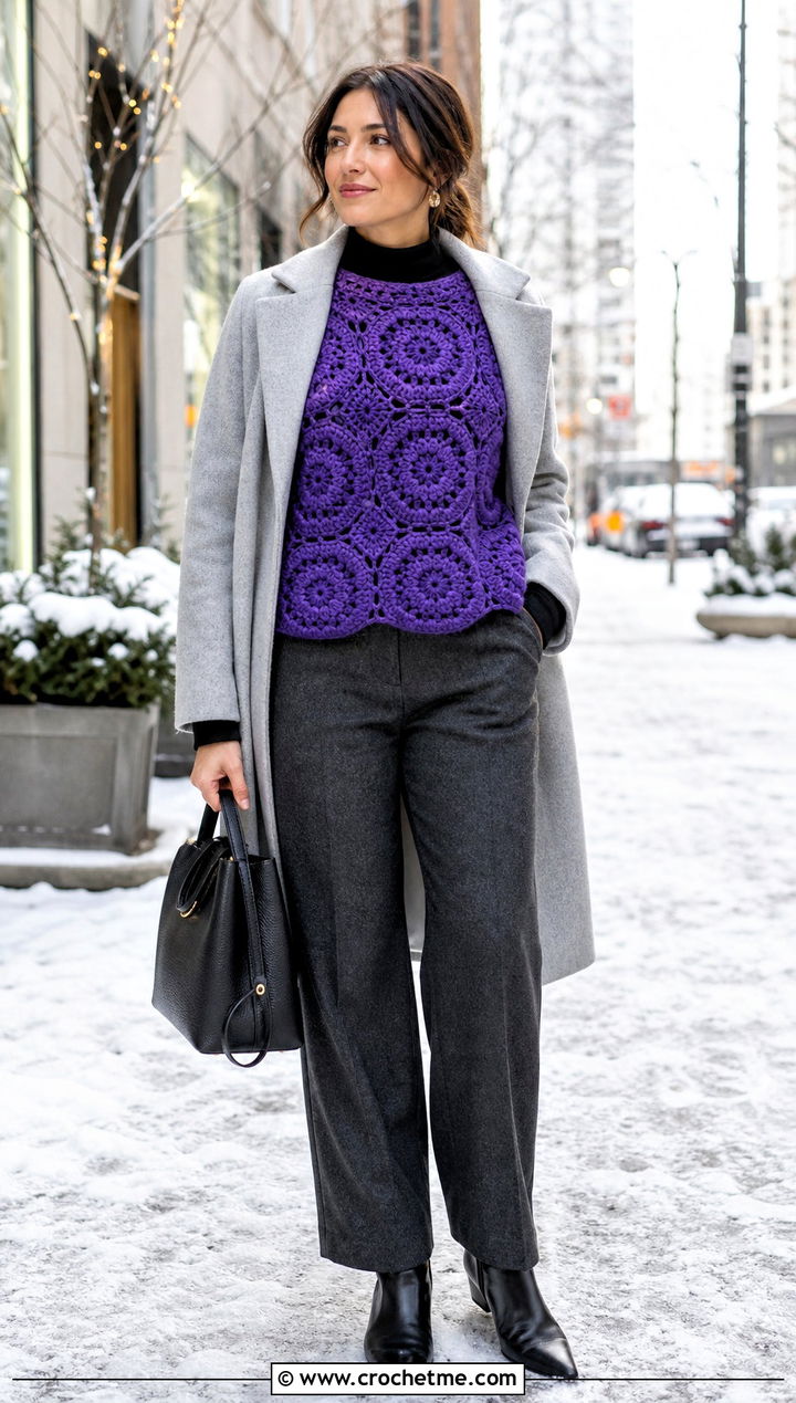 Chunky Wool Hexagon Granny Square Pullover With Wool Trousers - 25 Hexagon Granny Square Pullover outfit ideas