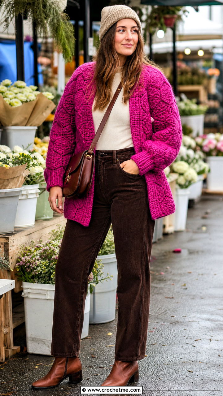 Chunky Wool Hexi Cardi With Corduroy Pants - 35 crochet hexi cardi outfit ideas