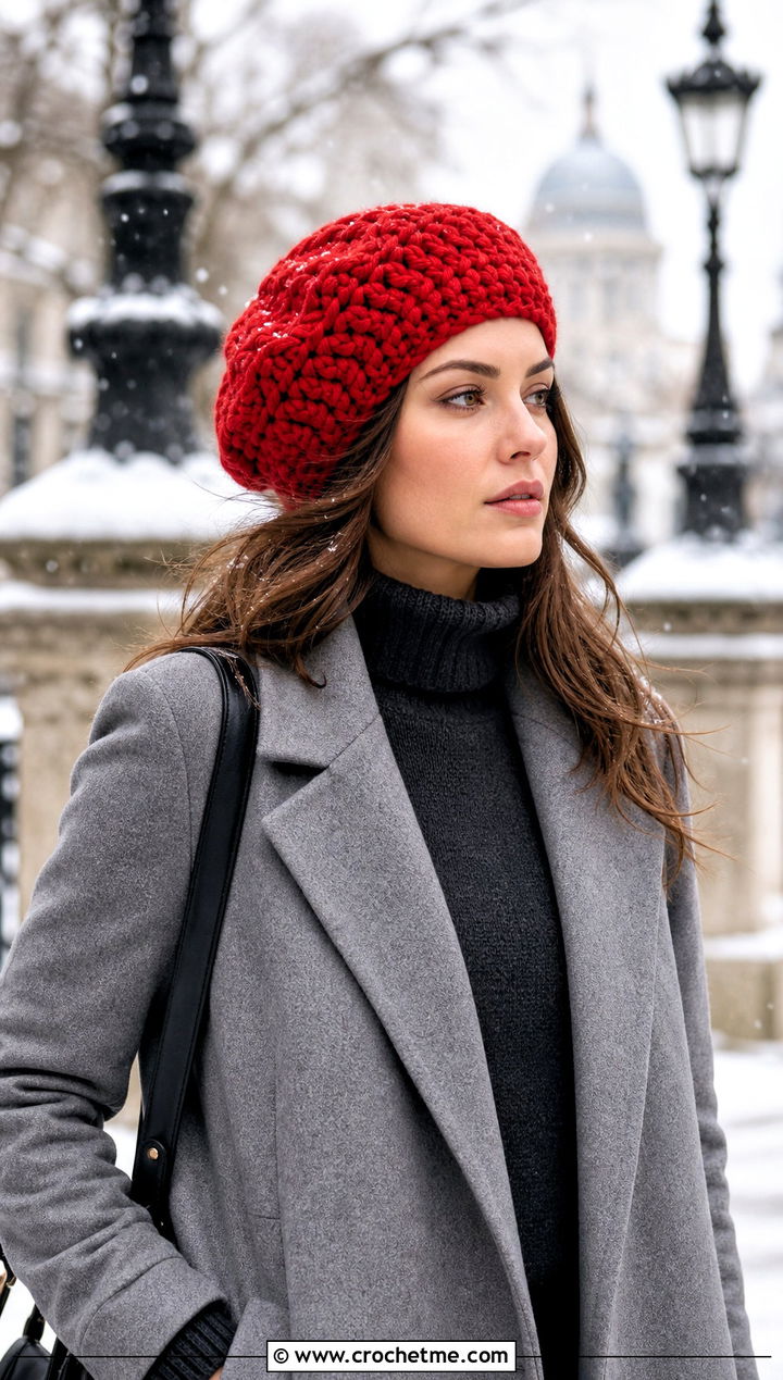 Chunky Wool Slouchy Crochet Beret With Long Coat - 25 Slouchy Crochet Beret outfit ideas