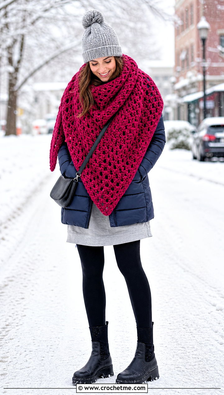 Chunky Wool Triangle Crochet Shawl With Puffer Jacket And Leggings - 35 triangle crochet shawl outfit ideas