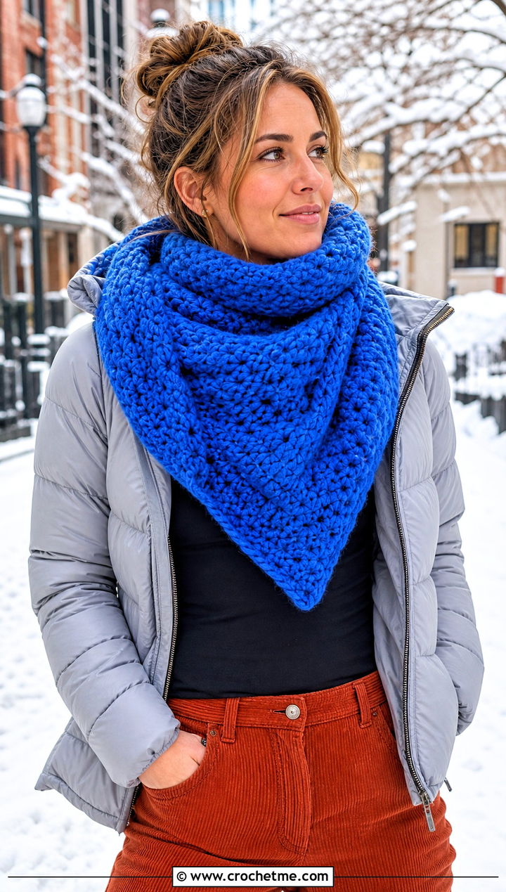 Chunky Wool Triangle Scarf With Puffer Jacket - 25 Crocheted Triangle Scarf outfit ideas