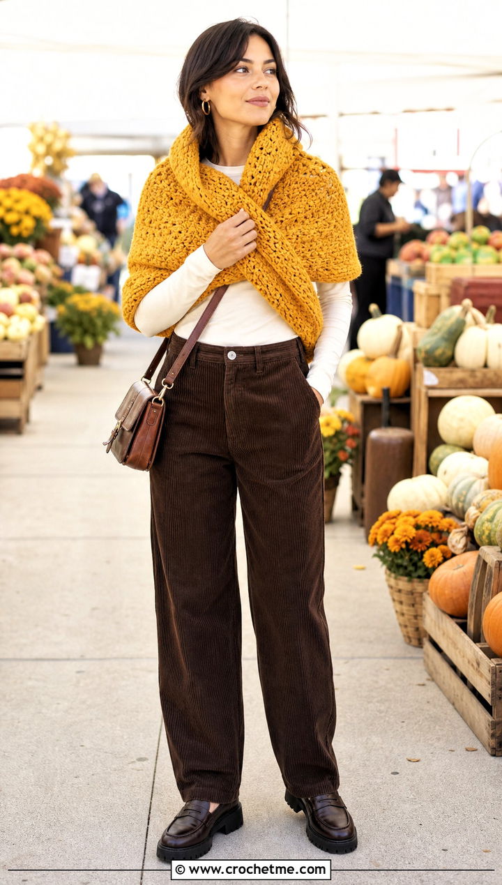 Chunky Wrap Around Shrug With Corduroy Pants - 25 Crochet Wrap Around Shrug outfit ideas