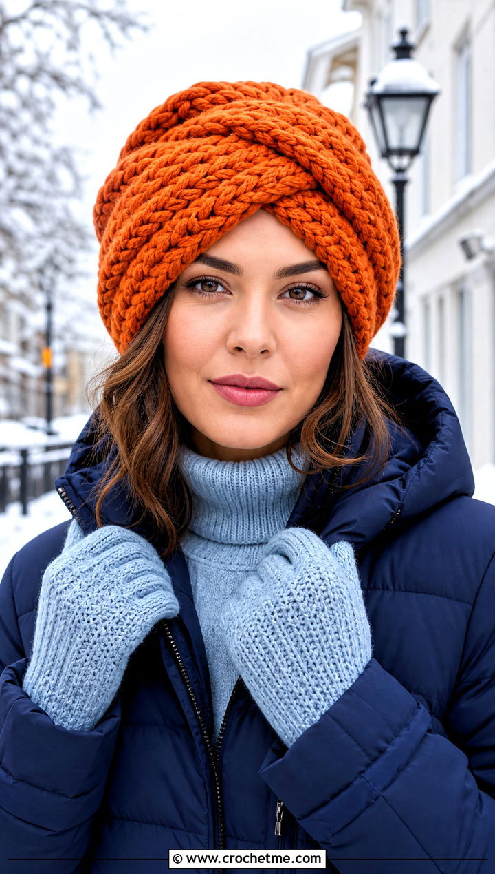 Chunky Wrap Crochet Turban Hat With Puffer Coat - 15 crochet turban style hat outfit ideas