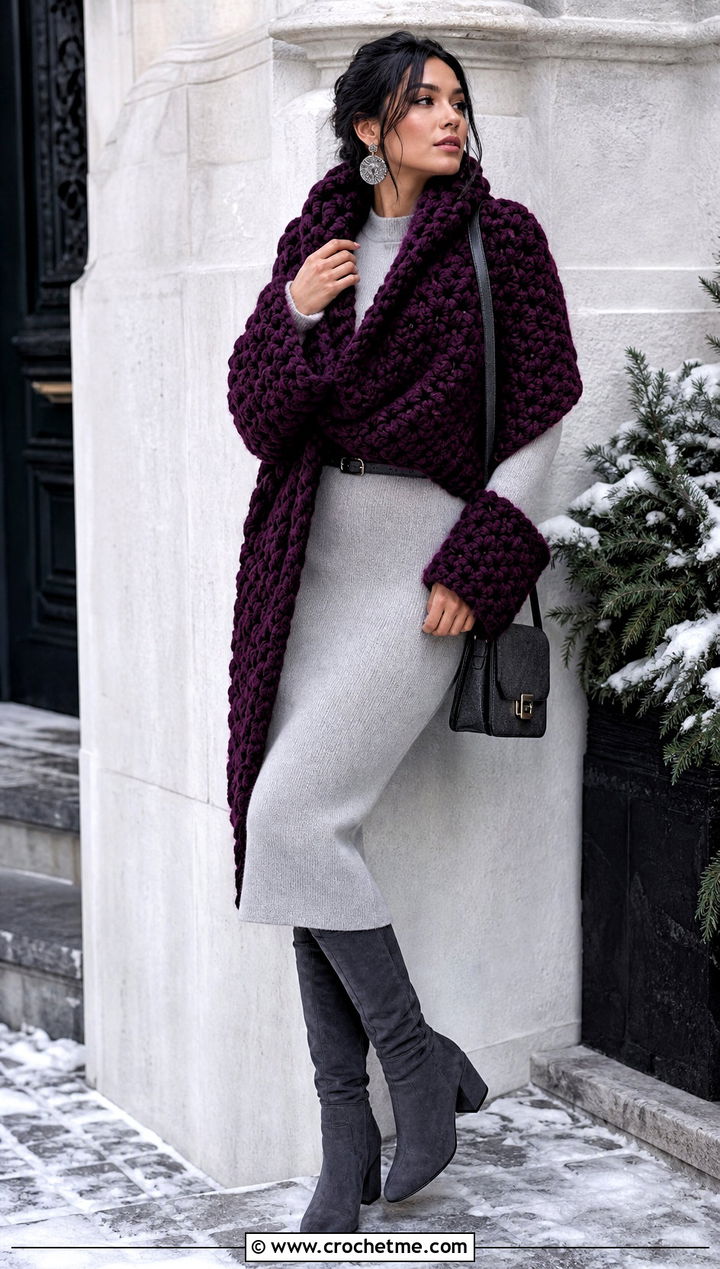 Chunky Wrap Me Up Crochet Sweater Scarf With Knit Dress - 15 Wrap Me Up Crochet Sweater Scarf outfit ideas