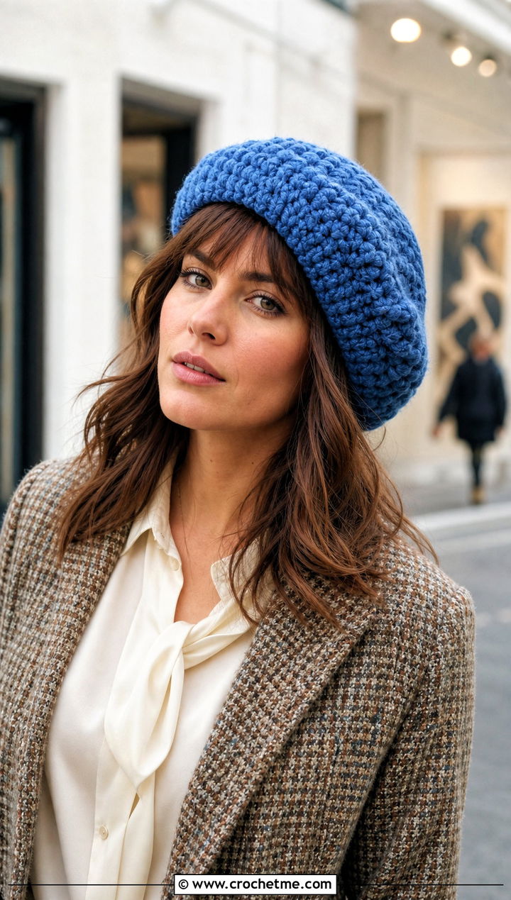 Chunky Yarn Crochet Beret Beanie With Tweed Jacket And Cropped Pants - 30 chunky yarn crochet beanie outfit ideas