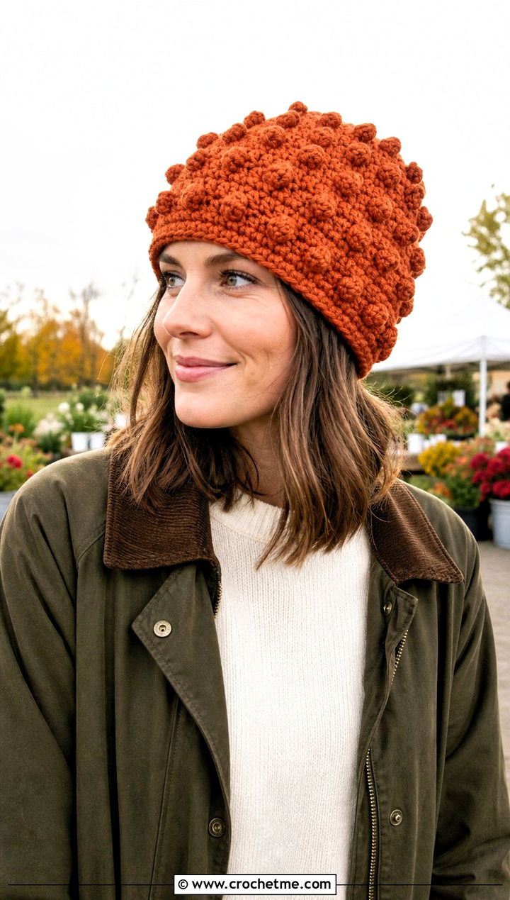 Chunky Yarn Crochet Bobble Stitch Beanie With Barn Jacket And Jeans - 30 chunky yarn crochet beanie outfit ideas
