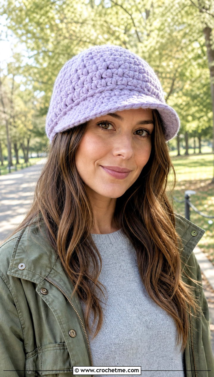 Chunky Yarn Crochet Brimmed Beanie With Utility Jacket And Chinos - 30 chunky yarn crochet beanie outfit ideas