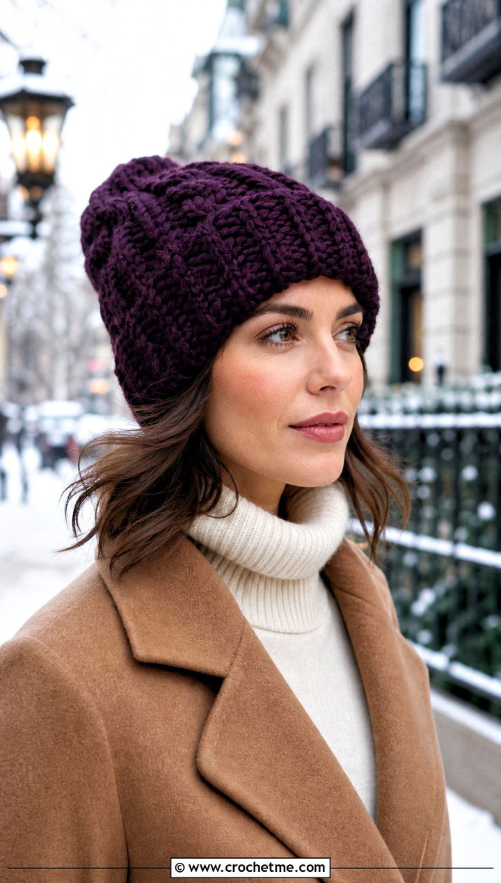 Chunky Yarn Crochet Cable Look Beanie With Wool Coat And Turtleneck - 30 chunky yarn crochet beanie outfit ideas