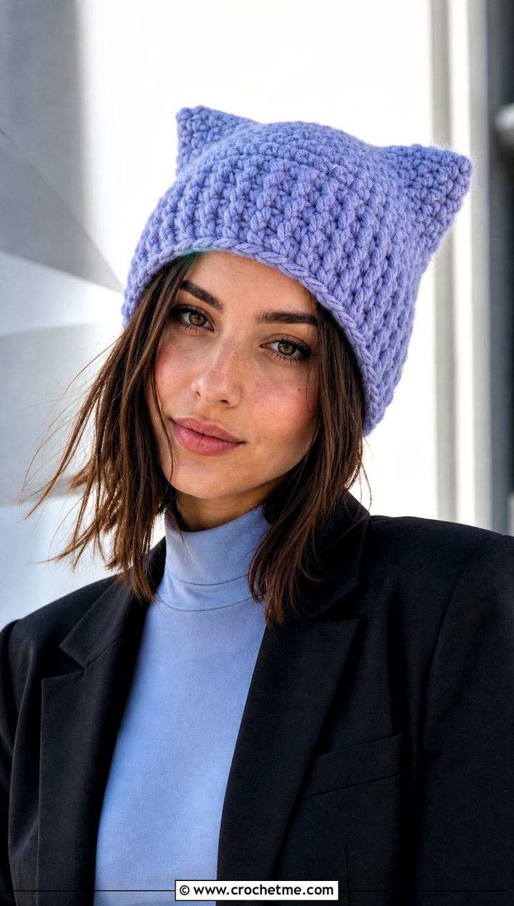 Chunky Yarn Crochet Cat Ear Beanie With Oversized Blazer And Mini Skirt - 30 chunky yarn crochet beanie outfit ideas