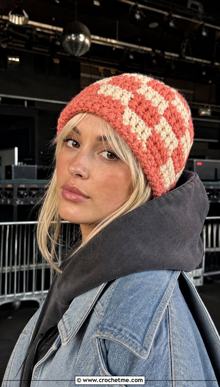 Chunky Yarn Crochet Checkerboard Beanie With Hoodie And Denim Skirt - 30 chunky yarn crochet beanie outfit ideas