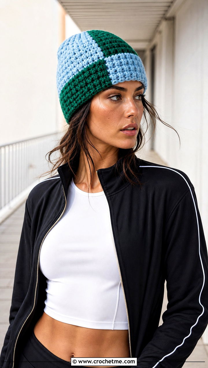 Chunky Yarn Crochet Color Block Beanie With Track Jacket And Joggers - 30 chunky yarn crochet beanie outfit ideas