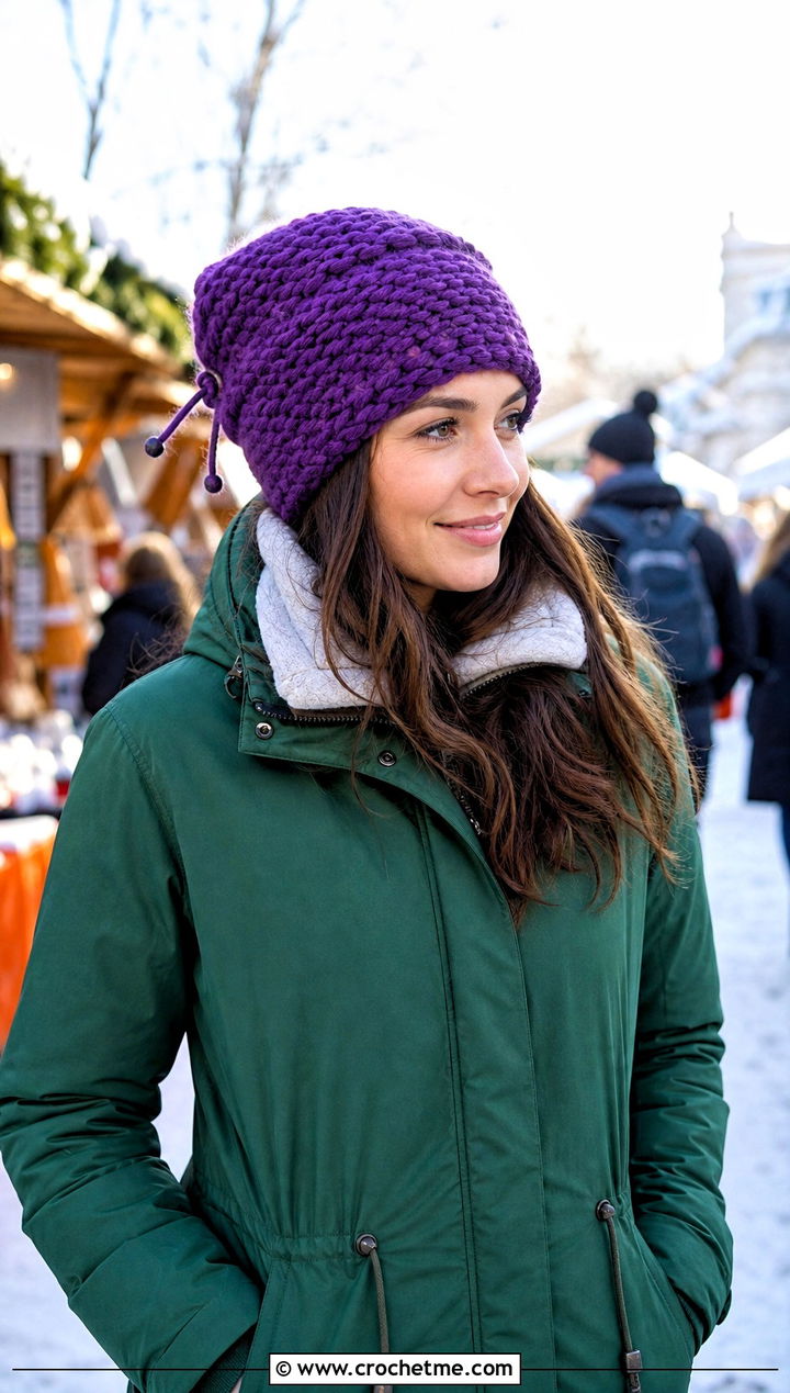 Chunky Yarn Crochet Convertible Beanie With Parka And Thermal Pants - 30 chunky yarn crochet beanie outfit ideas