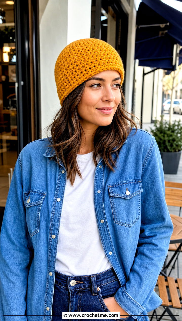 Chunky Yarn Crochet Fitted Beanie With Denim Shirt And Jeans - 30 chunky yarn crochet beanie outfit ideas