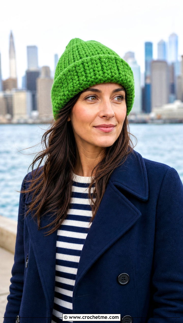 Chunky Yarn Crochet Folded Brim Beanie With Peacoat And Dark Jeans - 30 chunky yarn crochet beanie outfit ideas