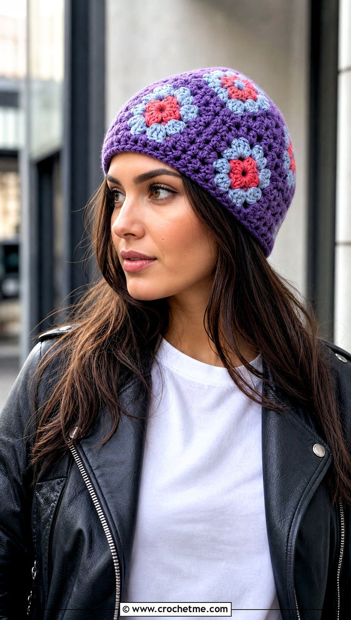Chunky Yarn Crochet Granny Square Beanie With Leather Jacket And Straight Jeans - 30 chunky yarn crochet beanie outfit ideas