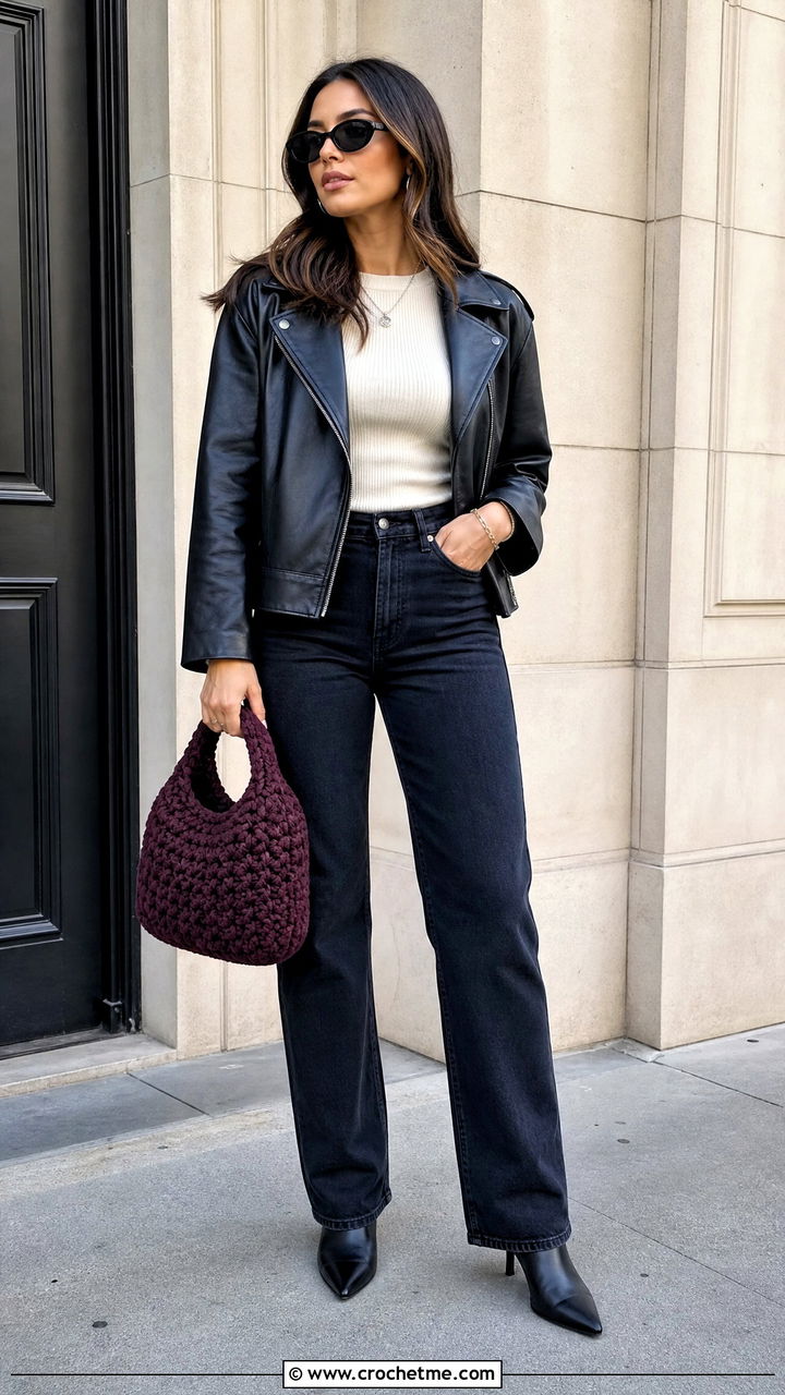 Chunky Yarn Crochet Handbag With Leather Jacket - 35 crochet bag outfit ideas