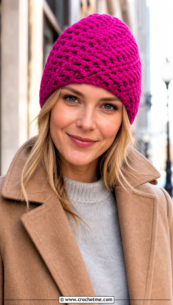 Chunky Yarn Crochet Herringbone Beanie With Cashmere Sweater And Trousers - 30 chunky yarn crochet beanie outfit ideas