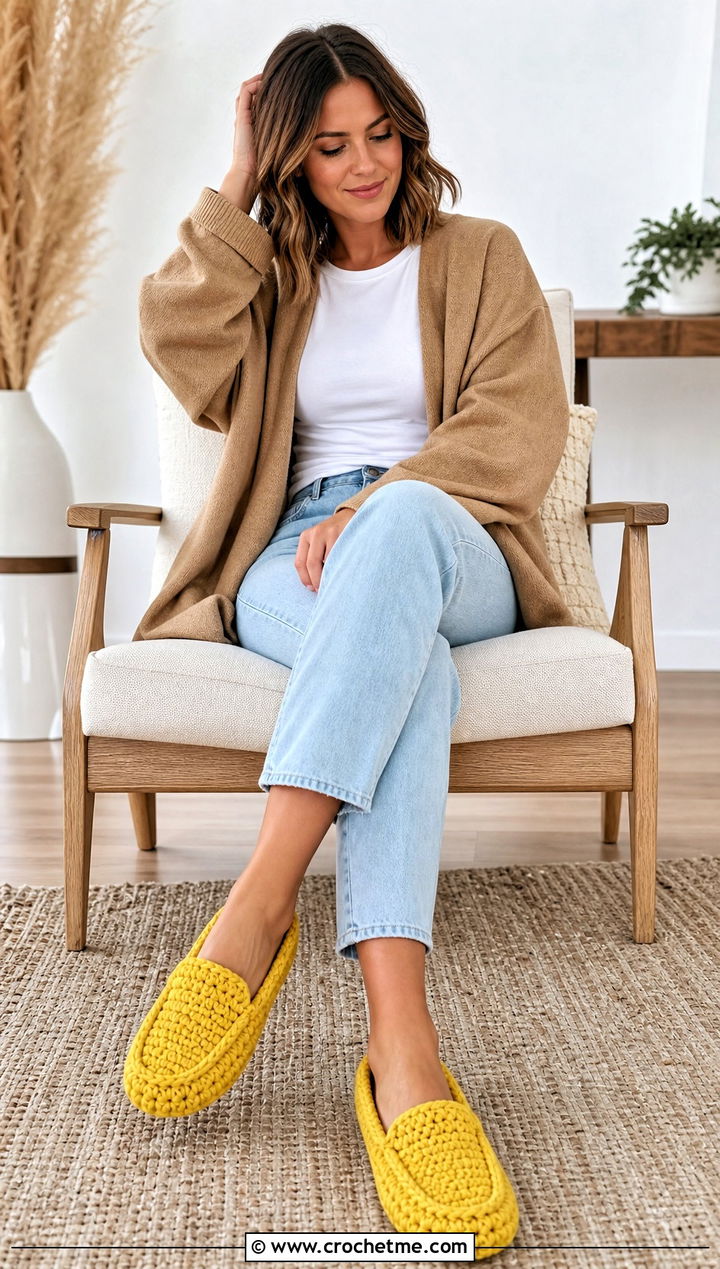 Chunky Yarn Crochet Moccasin Slippers With Jeans - 15 Crochet Slippers Chunky Yarn outfit ideas