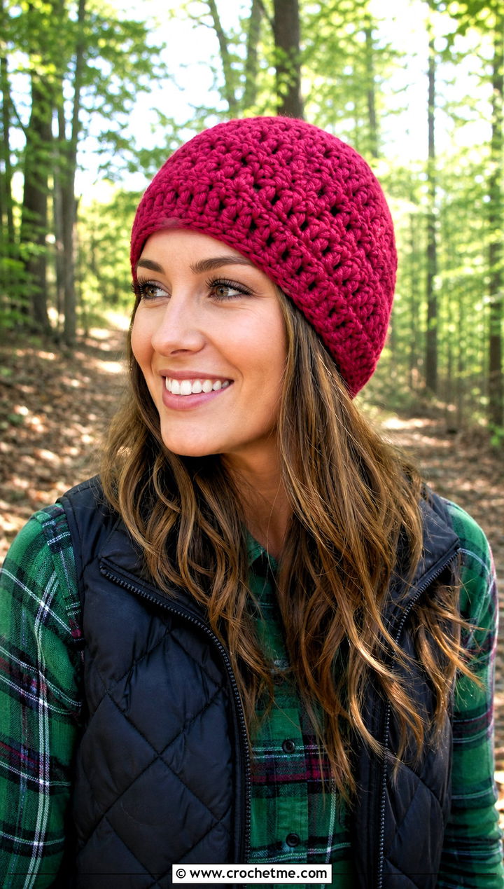 Chunky Yarn Crochet No Cuff Beanie With Quilted Vest And Flannel Shirt - 30 chunky yarn crochet beanie outfit ideas