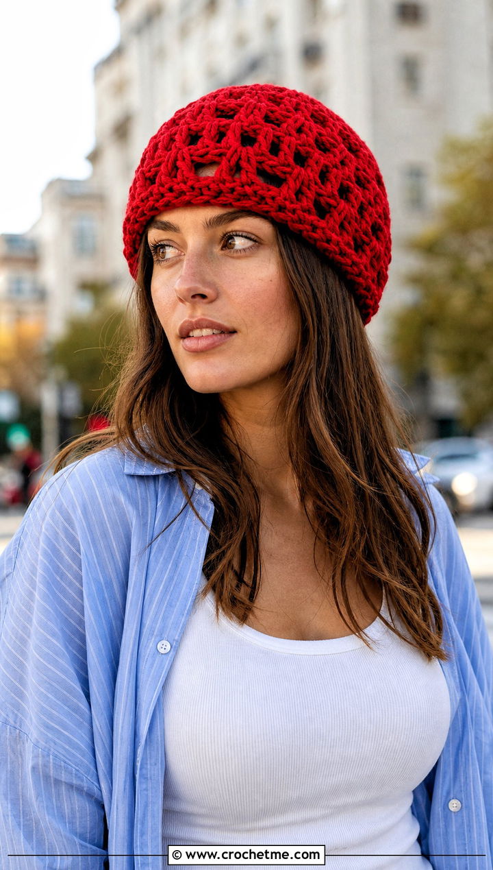 Chunky Yarn Crochet Open Stitch Beanie With Button Down Shirt And Barrel Pants - 30 chunky yarn crochet beanie outfit ideas