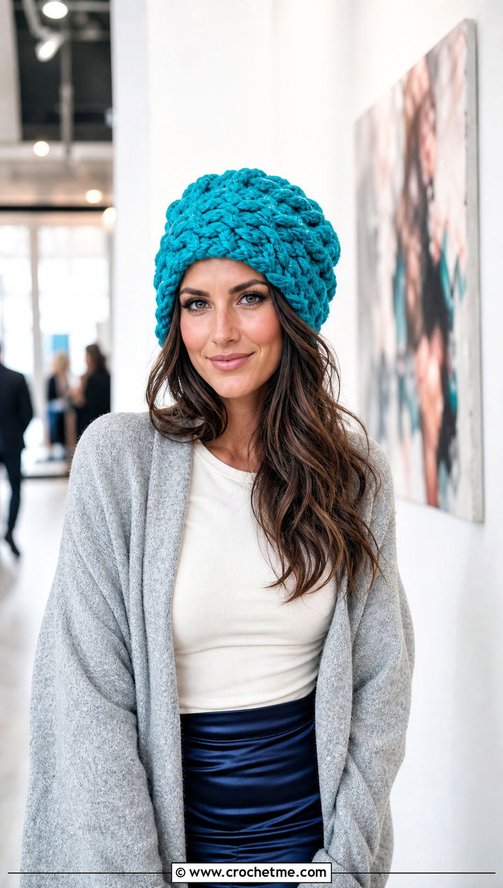 Chunky Yarn Crochet Oversized Beanie With Long Cardigan And Slip Skirt - 30 chunky yarn crochet beanie outfit ideas