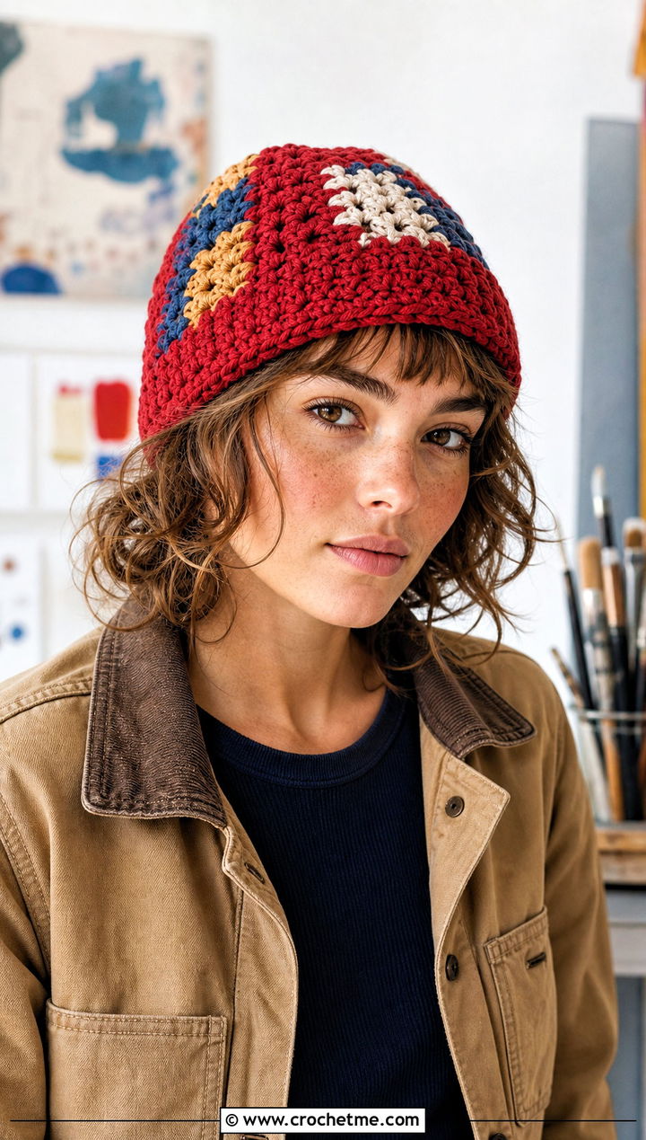 Chunky Yarn Crochet Patchwork Beanie With Chore Coat And Carpenter Jeans - 30 chunky yarn crochet beanie outfit ideas