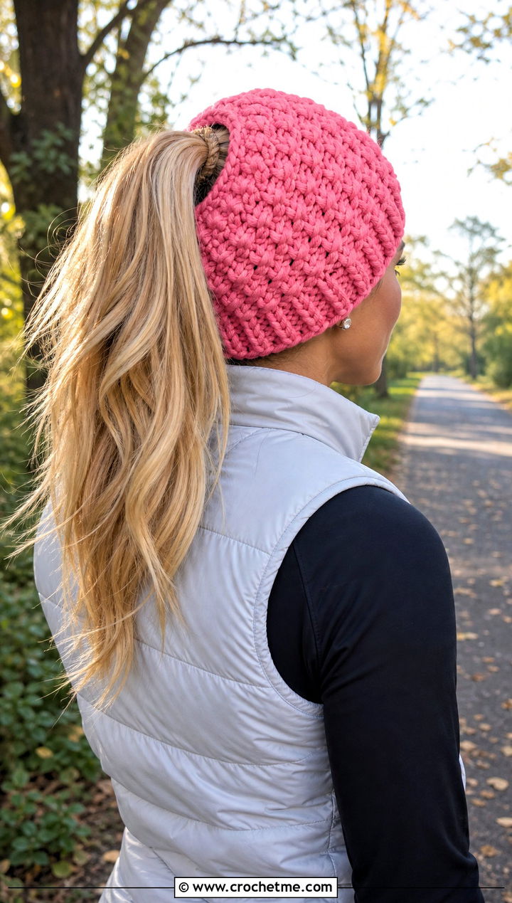 Chunky Yarn Crochet Ponytail Beanie With Workout Set And Puffer Vest - 30 chunky yarn crochet beanie outfit ideas