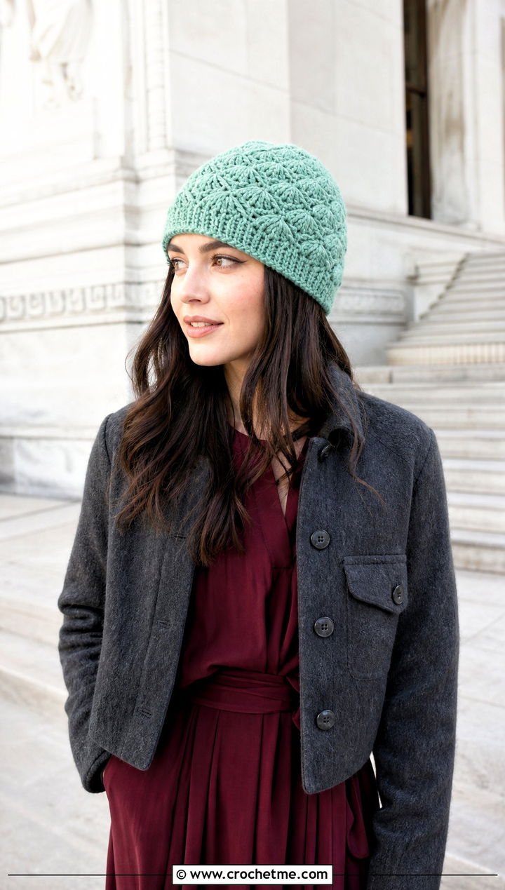 Chunky Yarn Crochet Shell Stitch Beanie With Midi Dress And Boots - 30 chunky yarn crochet beanie outfit ideas