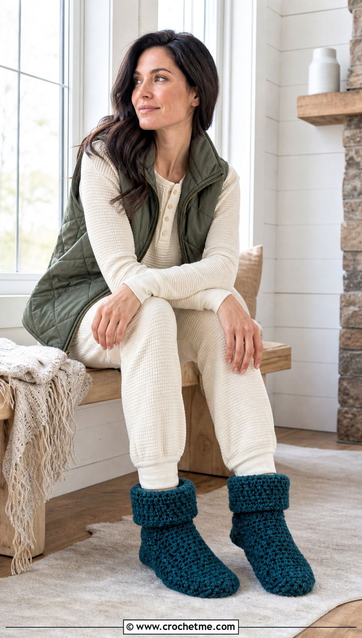 Chunky Yarn Crochet Slipper Boots With Joggers - 15 Crochet Slippers Chunky Yarn outfit ideas