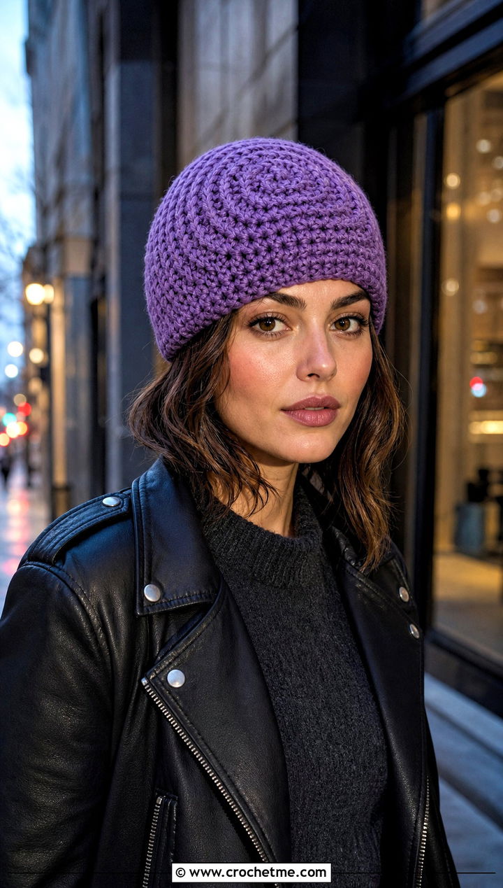 Chunky Yarn Crochet Spiral Beanie With Moto Jacket And Leather Pants - 30 chunky yarn crochet beanie outfit ideas