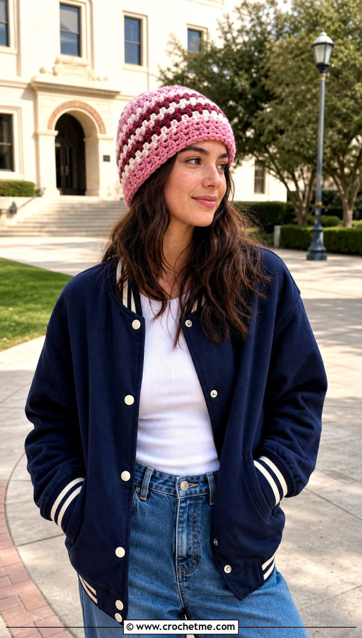 Chunky Yarn Crochet Striped Beanie With Varsity Jacket And Wide Leg Jeans - 30 chunky yarn crochet beanie outfit ideas
