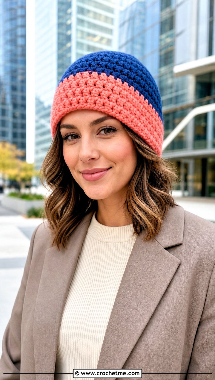 Chunky Yarn Crochet Two Tone Beanie With Trouser Suit And Sneakers - 30 chunky yarn crochet beanie outfit ideas