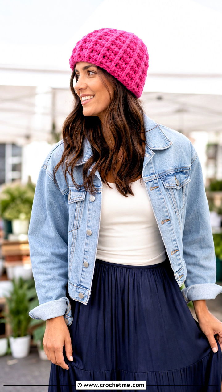 Chunky Yarn Crochet Waffle Stitch Beanie With Denim Jacket And Maxi Skirt - 30 chunky yarn crochet beanie outfit ideas