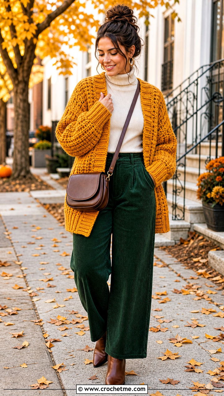 Chunky Yellow Crochet Cardigan With Corduroy Pants - 30 yellow crochet cardigan outfit ideas