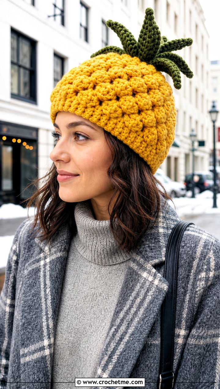 Chunky Yellow Crochet Pineapple Hat With A Sweater Dress - 15 Yellow Crochet Pineapple Hat outfit ideas
