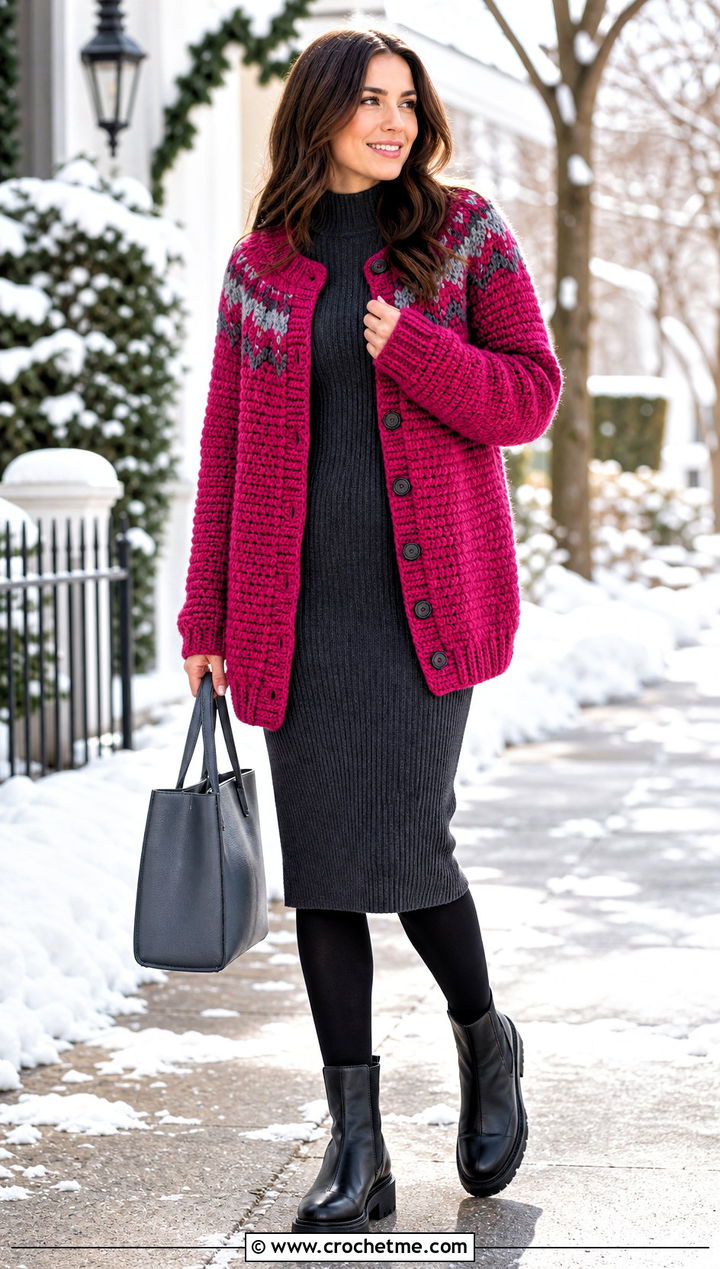 Chunky Yoke Cardigan With Sweater Dress - 20 Crochet Yoke Cardigan outfit ideas