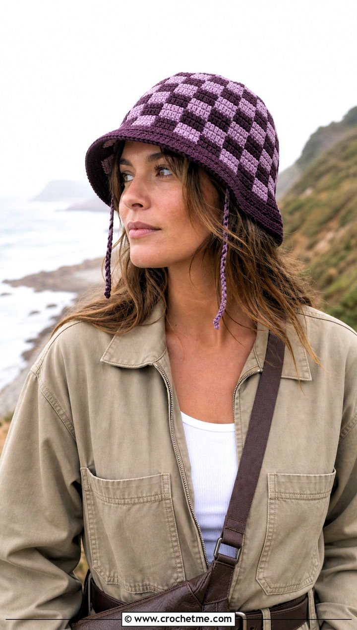 Cinch Cord Checkerboard Crochet Bucket Hat With Utility Jumpsuit - 20 checkerboard crochet bucket hat outfit ideas