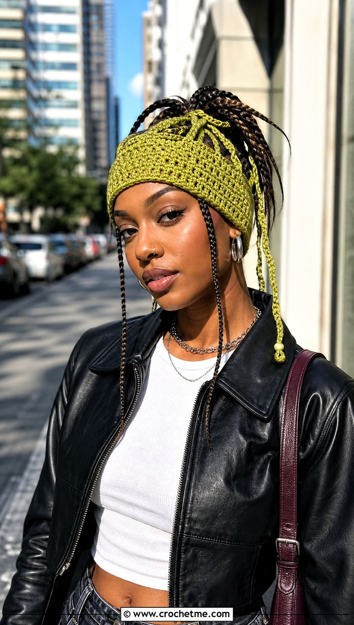 Cinch Top Crochet Tube Hat With Leather Jacket - 25 Crochet Tube Hat outfit ideas