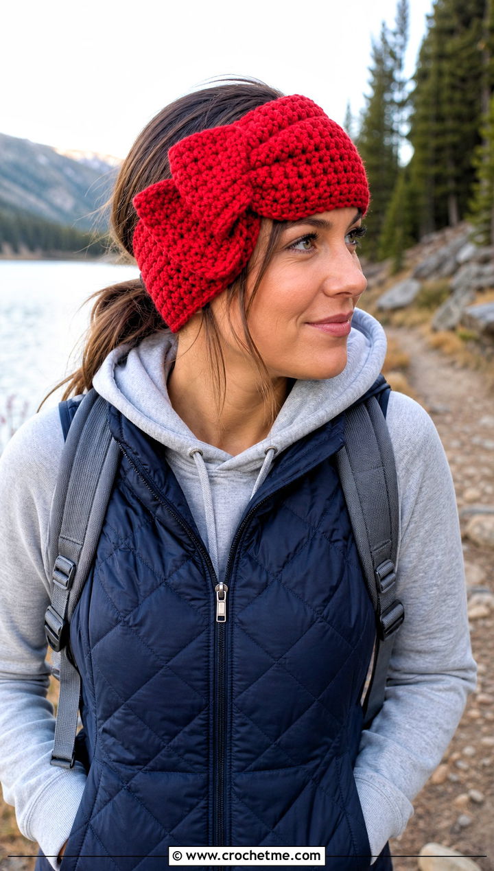 Cinched Bow Bulky Yarn Crochet Ear Warmer With Quilted Vest - 20 Bulky Yarn Crochet Ear Warmer outfit ideas