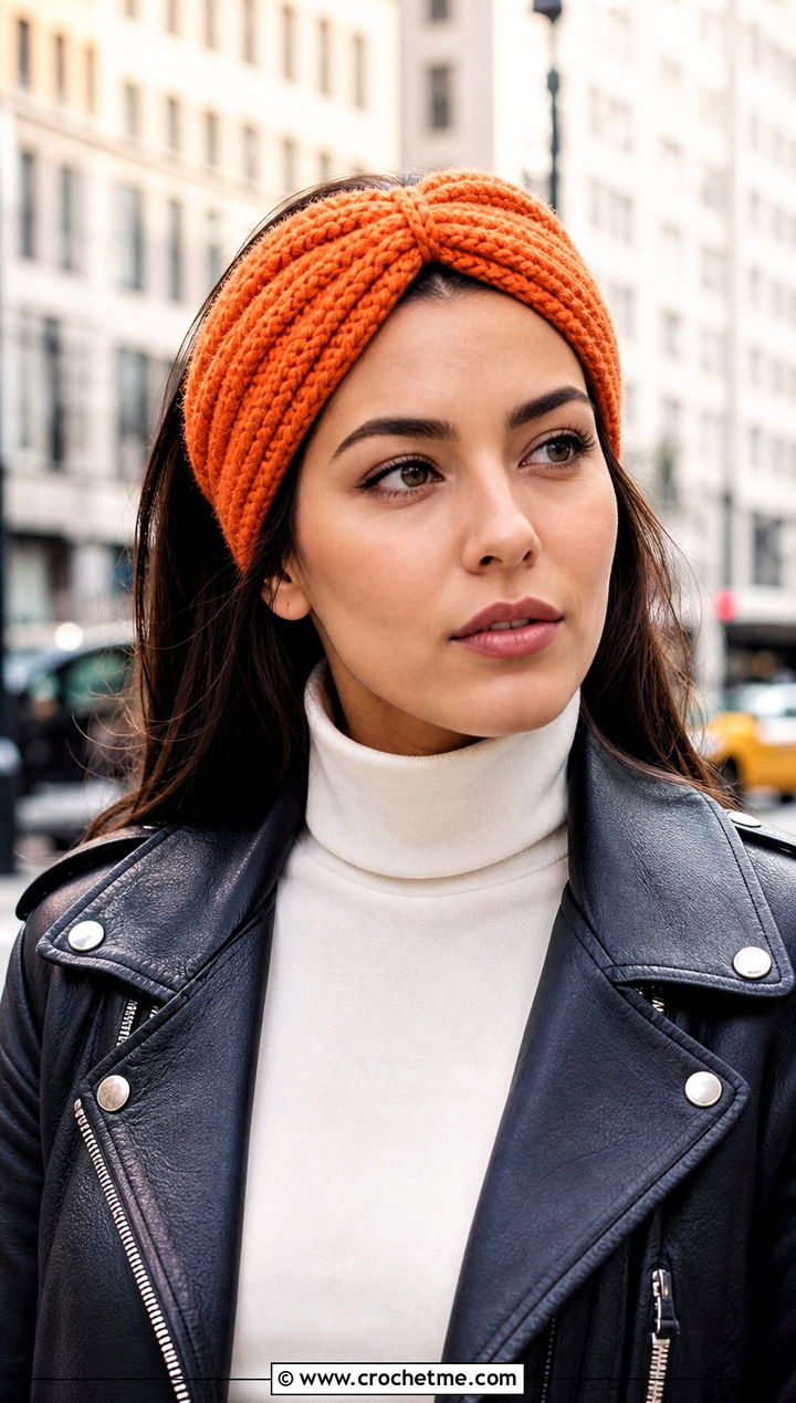 Cinched Bulky Yarn Crochet Headband With Leather Jacket - 25 bulky yarn crochet headband outfit ideas
